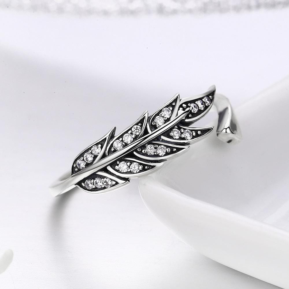 Solid 925 Sterling Silver Antiqued Angel Feather Ring