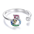 Solid 925 Sterling Silver Colourful Rainbow Alphabet Letter Adjustable Rings - 5