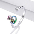 Solid 925 Sterling Silver Colourful Rainbow Alphabet Letter Adjustable Rings - 6