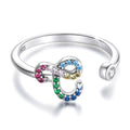Solid 925 Sterling Silver Colourful Rainbow Alphabet Letter Adjustable Rings - 8
