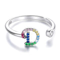Solid 925 Sterling Silver Colourful Rainbow Alphabet Letter Adjustable Rings - 11