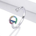 Solid 925 Sterling Silver Colourful Rainbow Alphabet Letter Adjustable Rings - 12