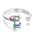 Solid 925 Sterling Silver Colourful Rainbow Alphabet Letter Adjustable Rings - 14