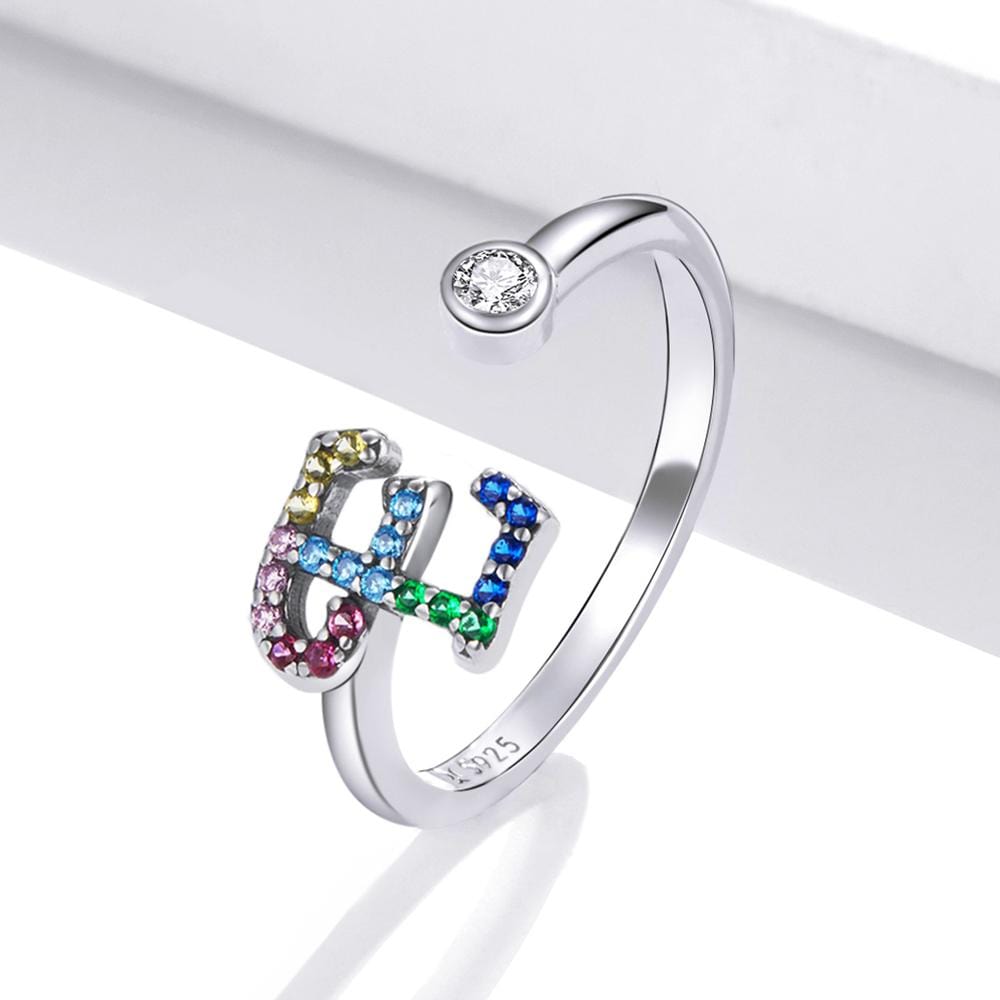 Solid 925 Sterling Silver Colourful Rainbow Alphabet Letter Adjustable Rings - 15