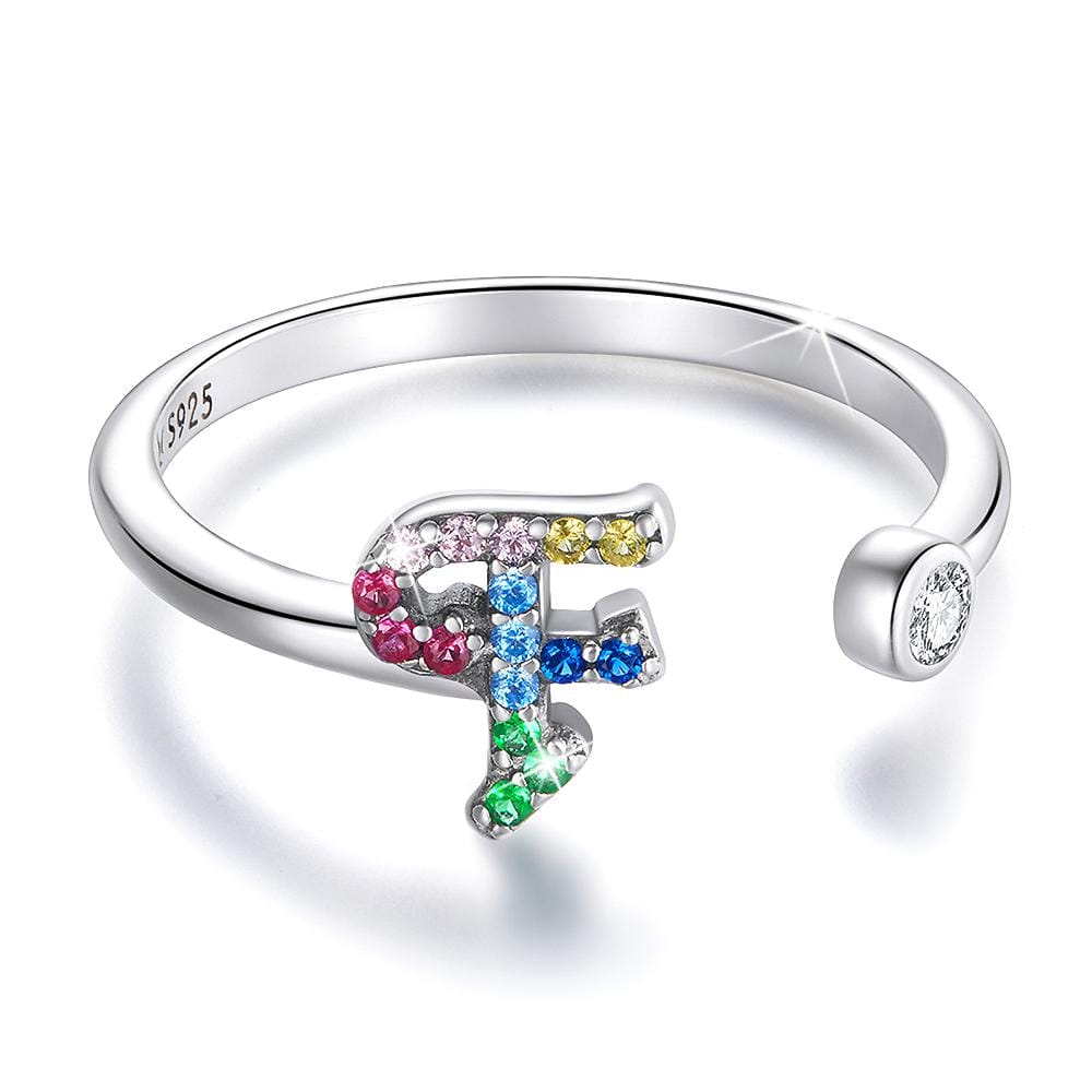 Solid 925 Sterling Silver Colourful Rainbow Alphabet Letter Adjustable Rings - 17