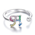 Solid 925 Sterling Silver Colourful Rainbow Alphabet Letter Adjustable Rings - 23