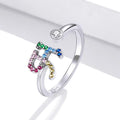 Solid 925 Sterling Silver Colourful Rainbow Alphabet Letter Adjustable Rings - 24