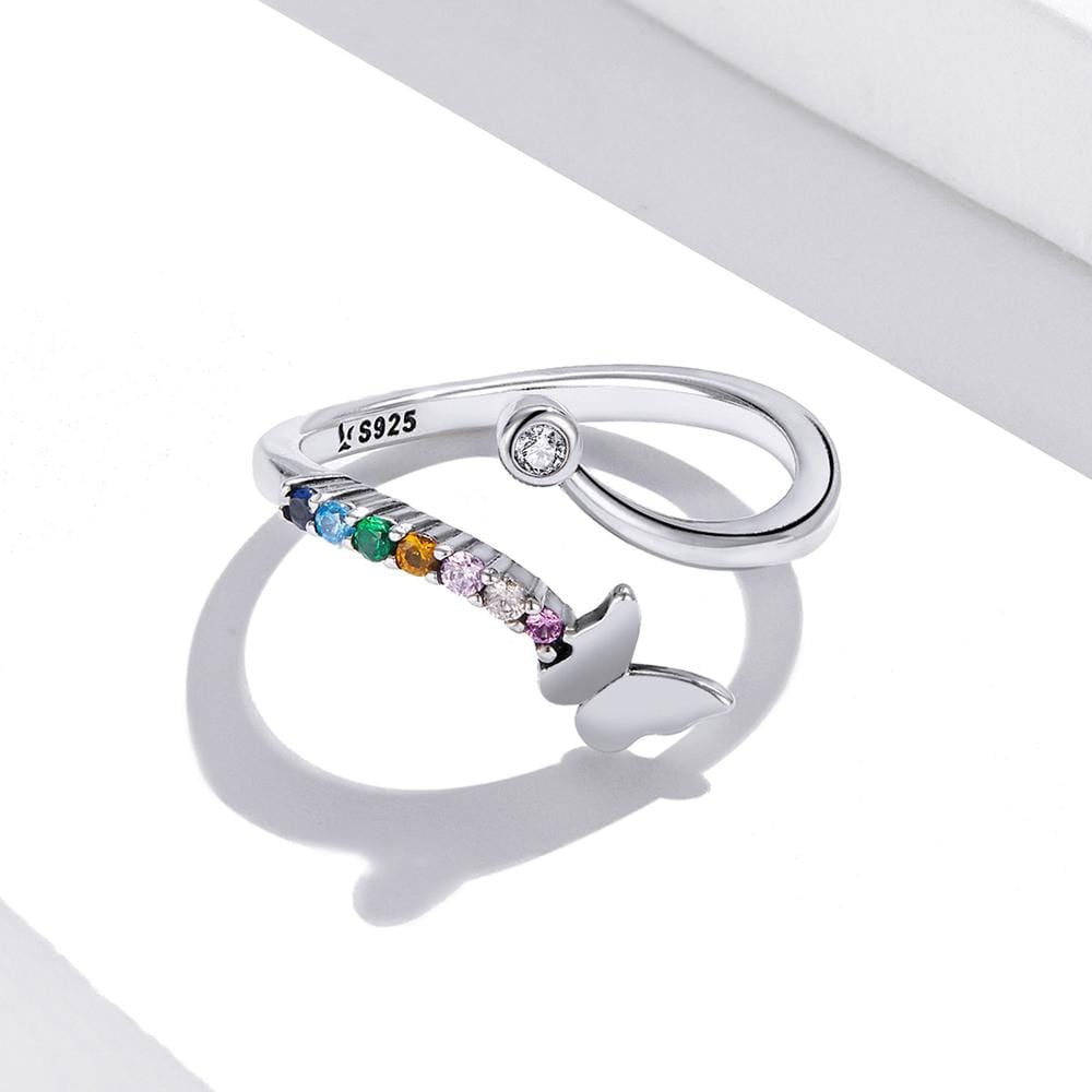 Solid 925 Sterling Silver Multicoloured Butterfly Adjustable Ring