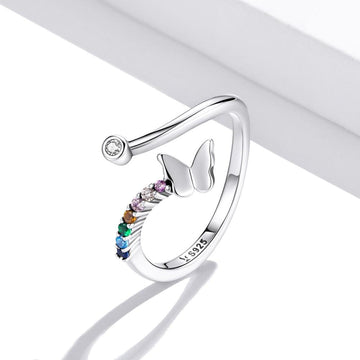 Solid 925 Sterling Silver Multicoloured Butterfly Adjustable Ring