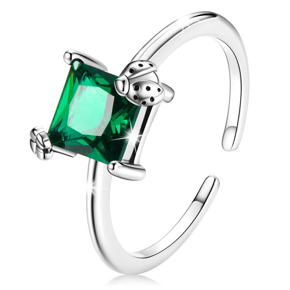Solid 925 Sterling Silver Ladybug in Emerald Green Ring