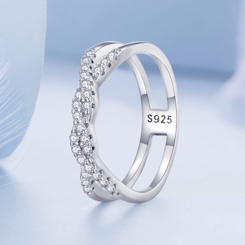 Solid 925 Signature Silver Crystals Braided Ring