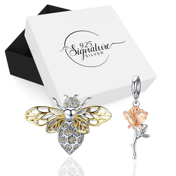 Boxed Solid 925 Sterling Silver Belle Rose and Yellow Bee CZ Charms