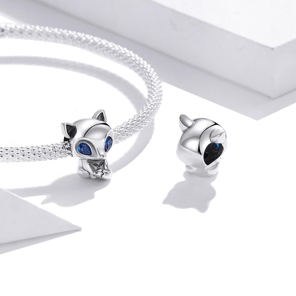 Boxed Solid 925 Sterling Silver Romantic Heart Shaped Sky Blue and Blue Eyed Fox Charms - Brilliant Co