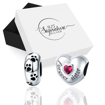 Boxed Solid 925 Sterling Silver Bolded Heart Forever Sister Inscription and Footprint Charms