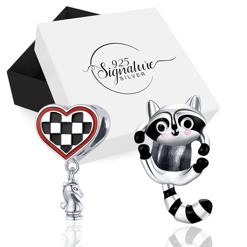 Boxed Solid 925 Sterling Silver Love With Checkers and Jumpy Fun Racoon Charms