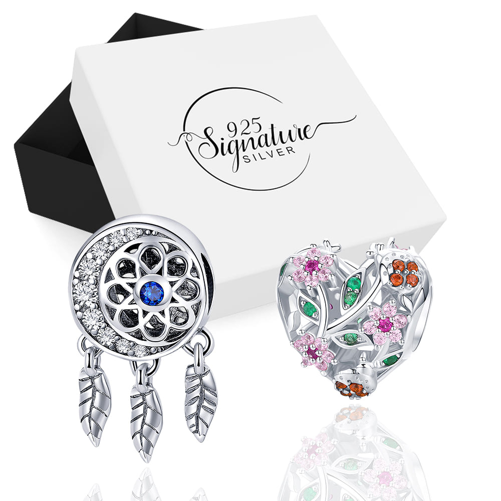 Boxed Solid 925 Sterling Silver Dream Catcher Sapphire Blue and Heart Colourful Floral Flower Charms