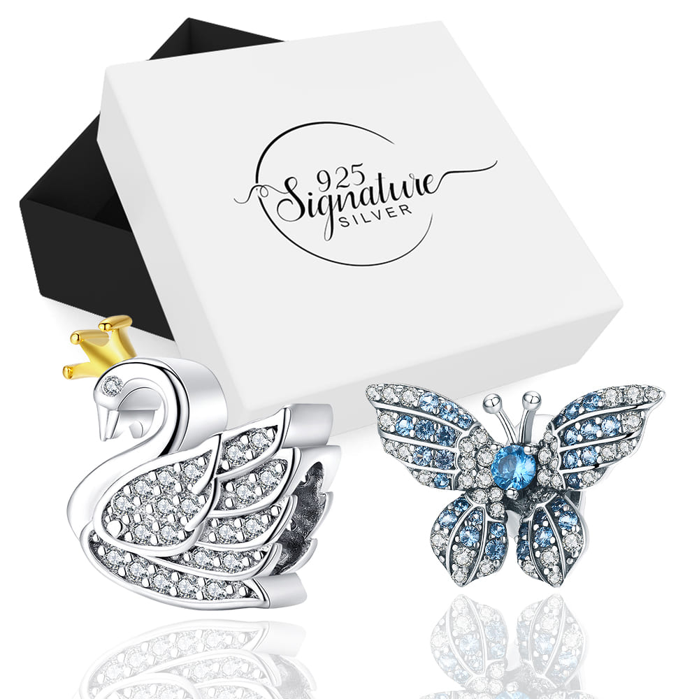 Boxed Solid 925 Sterling Silver Blue Butterfly Animal and Duchess Swan Charms