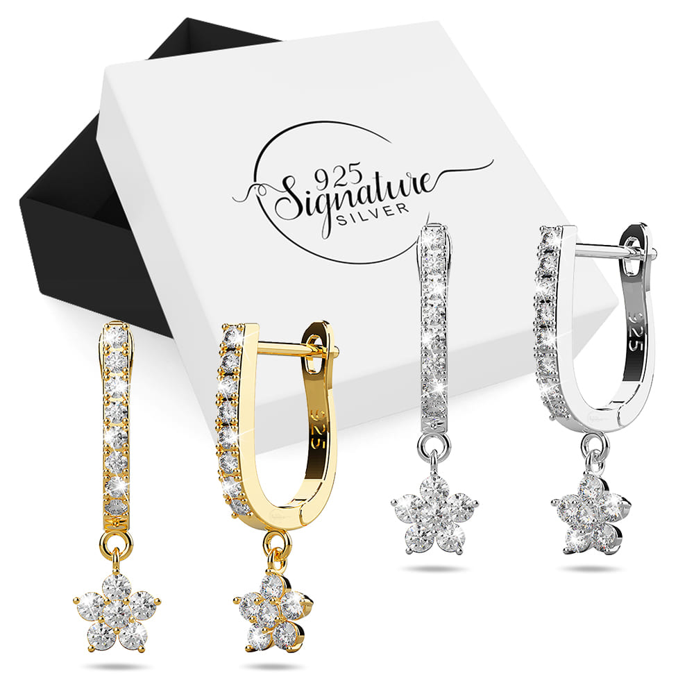 Boxed 2 Pairs Solid 925 Sterling Silver Floret Zircon Huggie Earrings Set in Dual Tone Gold