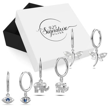 Boxed 3 Pairs Luxurious Solid 925 Sterling Silver Earrings Set in Silver