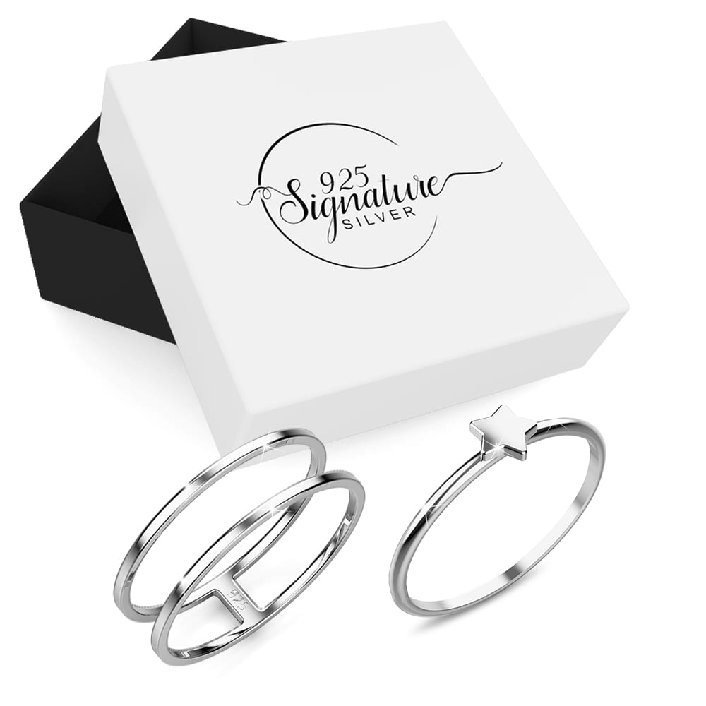 Boxed  Solid 925 Sterling Silver Radiance Chic 2 Pc Ring Set