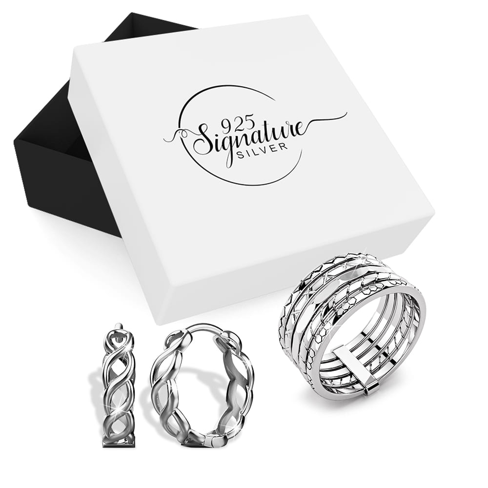 Boxed Solid 925 Sterling Silver In Vogue Ring and Earrings Set