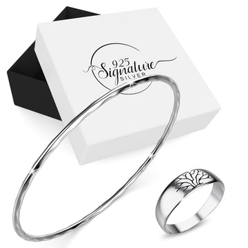 Boxed Solid 925 Sterling Silver Epoch of Life Bangle and Ring Set