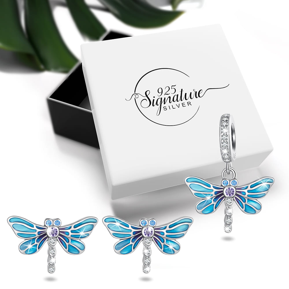 Boxed 925 Sterling Silver Dragonfly at Disco Charm & Earrings Set
