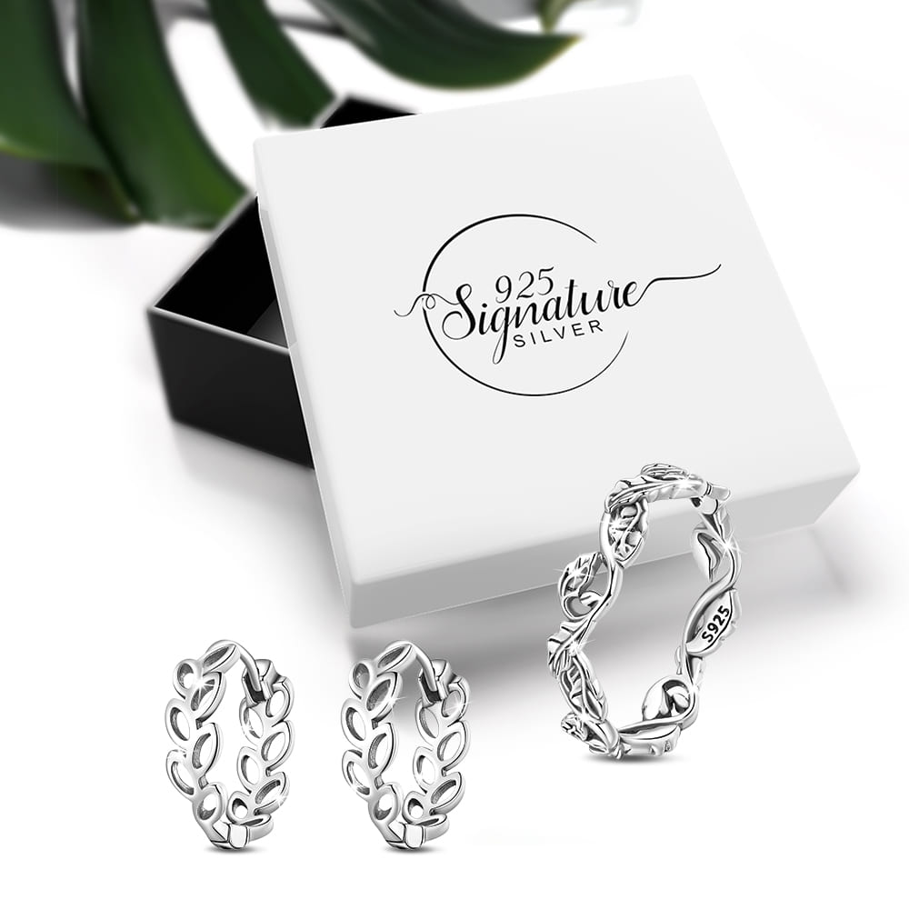 Boxed Solid 925 Signature Silver Entwined Garden Ring & Signature Silver Olive Leaves  Arc Earrings