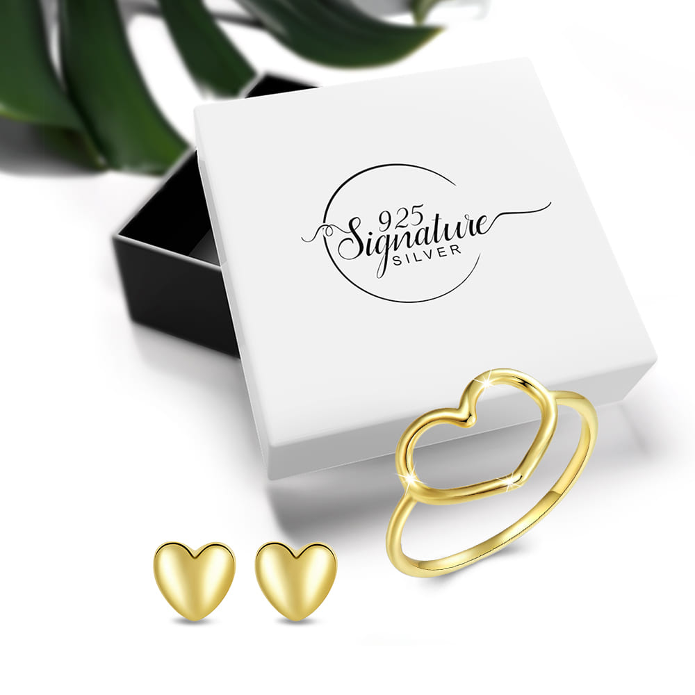 Boxed Solid 925 Signature Silver Wide Golden Heart Ring & Queen Of Hearts Stud Earrings In Gold