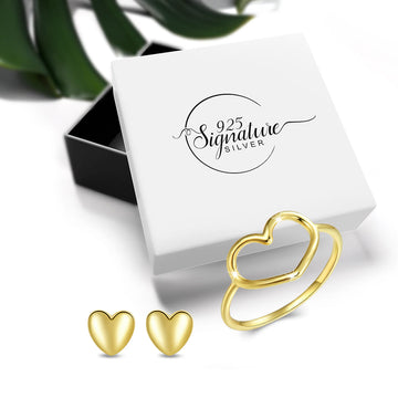 Boxed Solid 925 Signature Silver Wide Golden Heart Ring & Queen Of Hearts Stud Earrings In Gold
