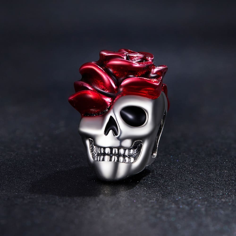 Boxed Solid 925 Signature Silver Romeo In Grave Skull & Red Rosy Rose Charm