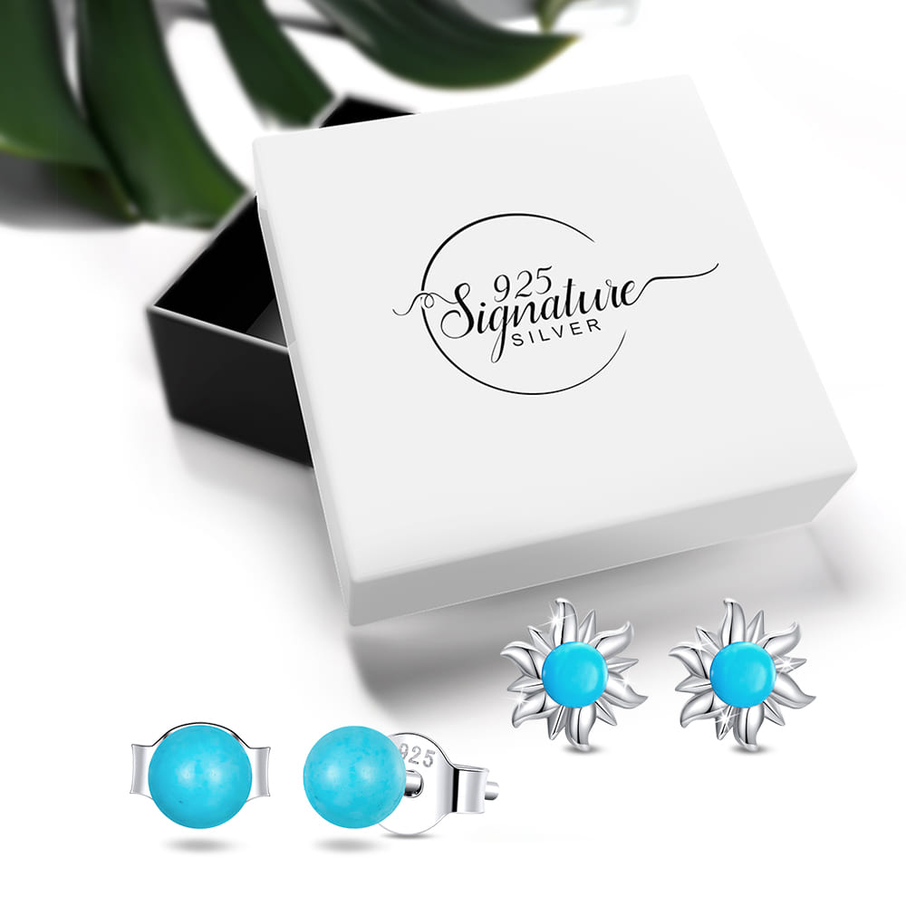 Boxed Solid 925 Signature Silver Bubble Gum & Sunday Sun Ray Stud Earrings