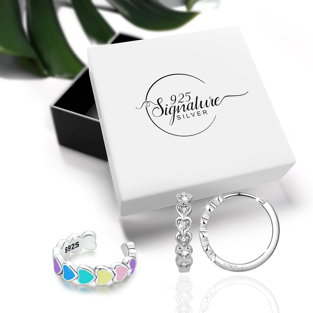 Boxed Solid 925 Signature Silver Beloved Circle Huggie Earrings & Rainbow Heart Open Cut Ear Cuff