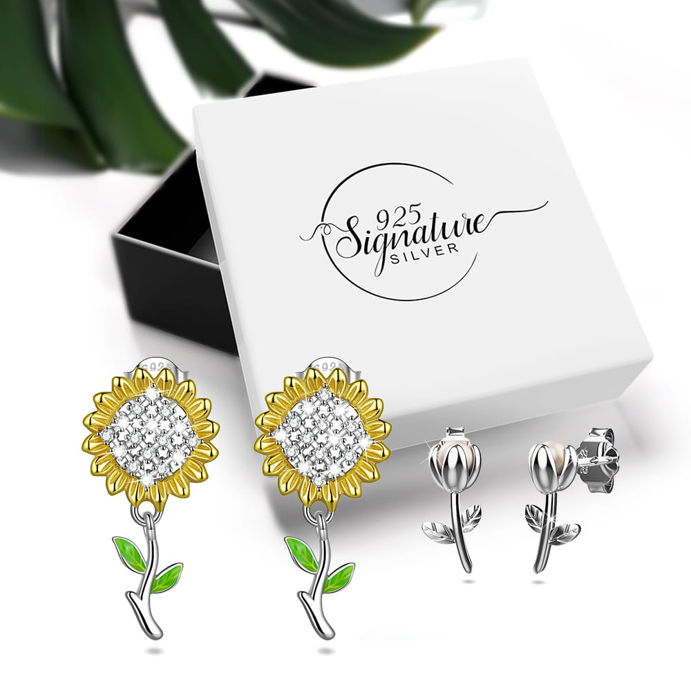 Boxed Solid 925 Signature Silver Summer Dance Sunflower Stud & Silver Tulip Opening Pearl Stud Earrings.