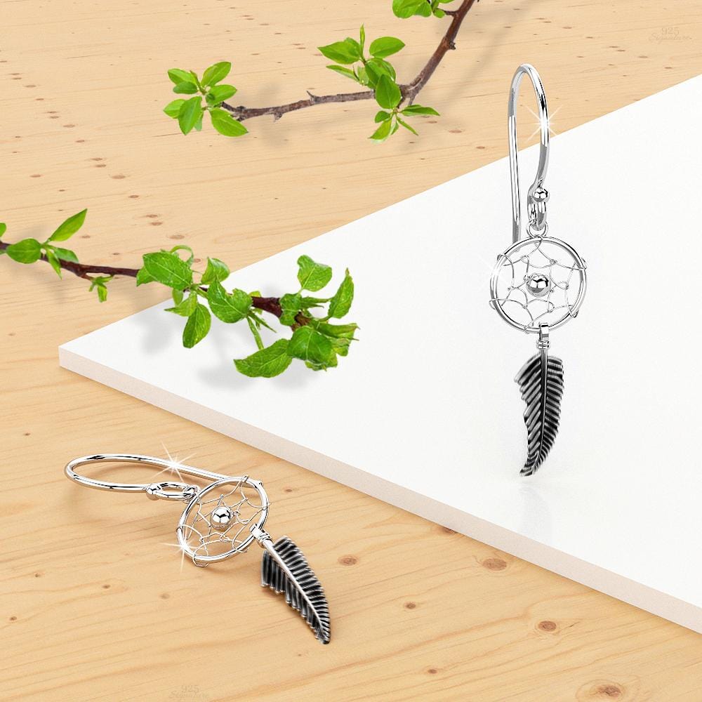 Solid 925 Sterling Silver Dream Catcher Dangle Earrings