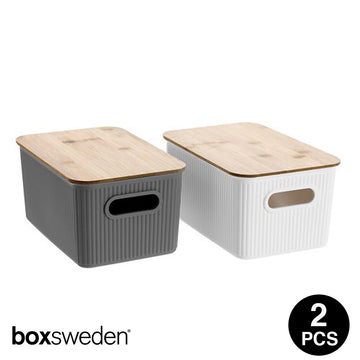 Boxsweden KAIA STORAGE BASKET BAMBOO LID - WHITE/GREY 2PC PACK