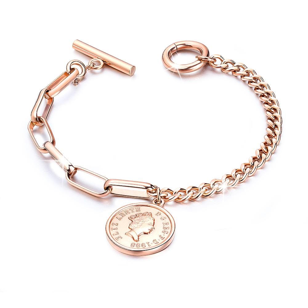 Lucky Coin Charm Toggle Clasp Bracelet in Rose Gold Layered Steel Jewellery