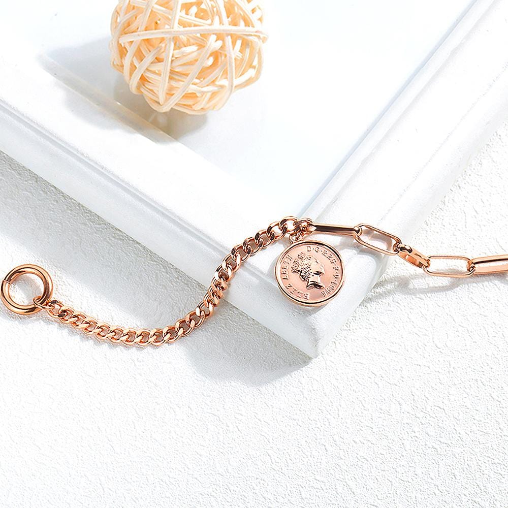 Lucky Coin Charm Toggle Clasp Bracelet in Rose Gold Layered Steel Jewellery