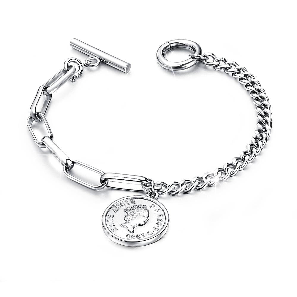 Lucky Coin Charm Toggle Clasp Bracelet in White Gold Layered Steel Jewellery