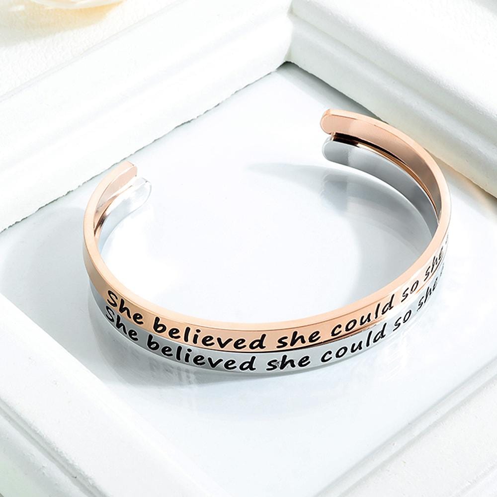 Inspirational Inscription Cuff Bangle in Rose Gold Layered Steel Jewellery - Brilliant Co