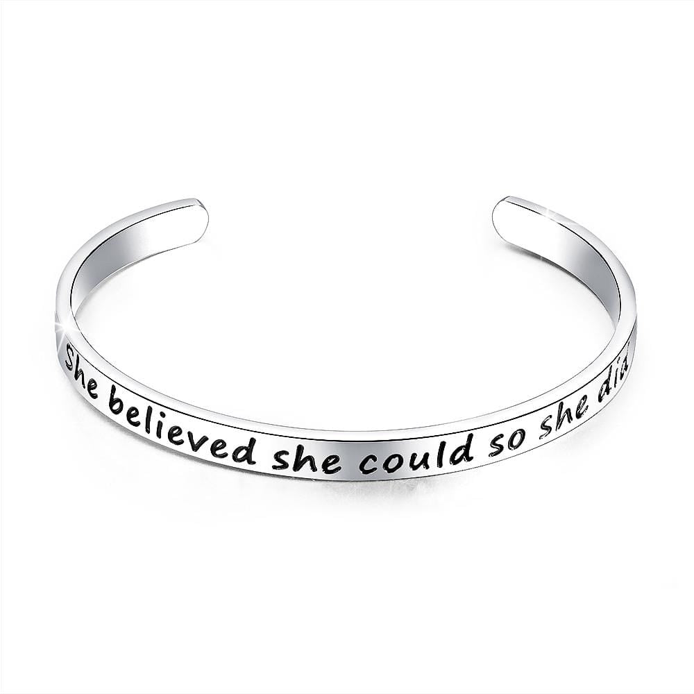 Inspirational Inscription Cuff Bangle in White Gold Layered Steel Jewellery - Brilliant Co