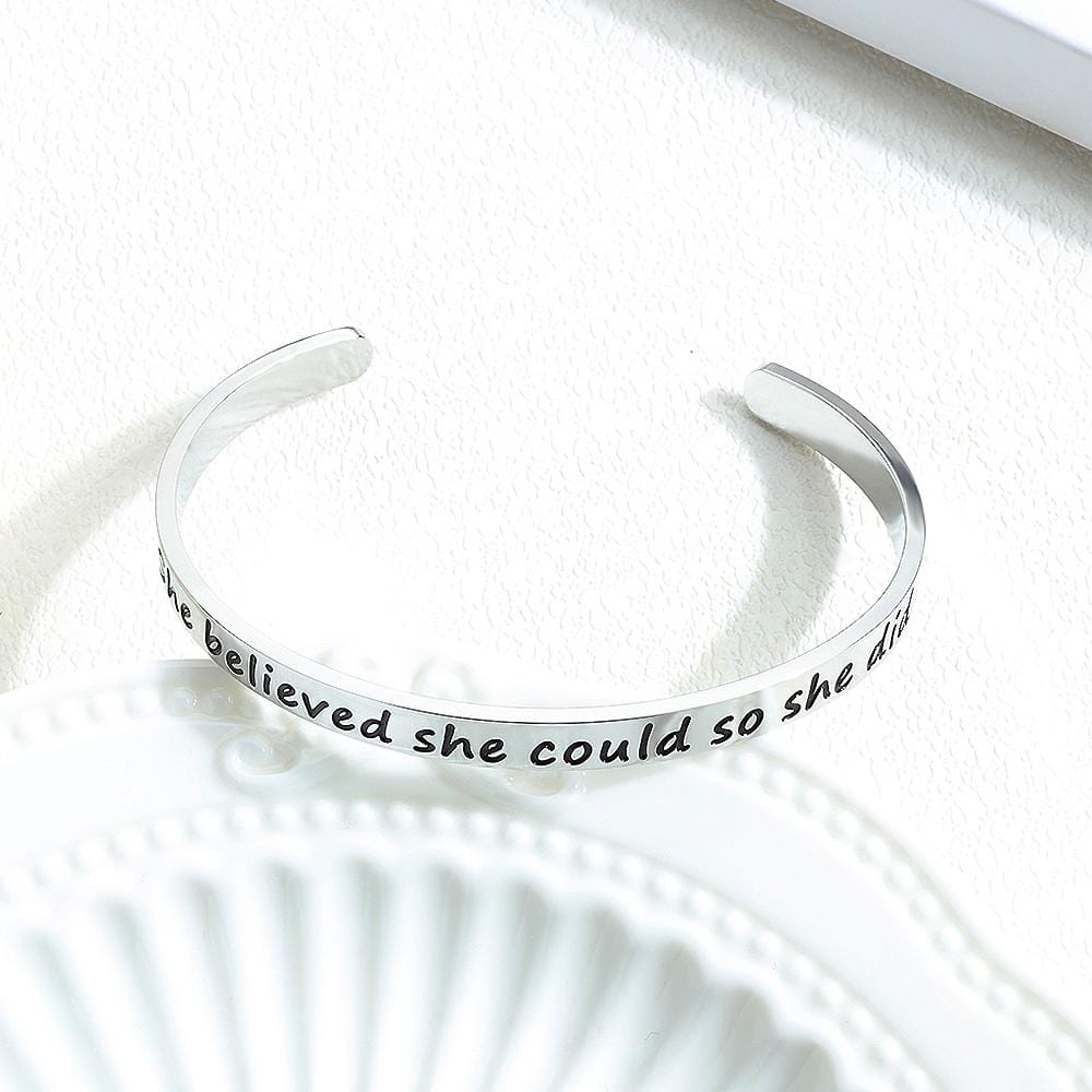 Inspirational Inscription Cuff Bangle in White Gold Layered Steel Jewellery - Brilliant Co