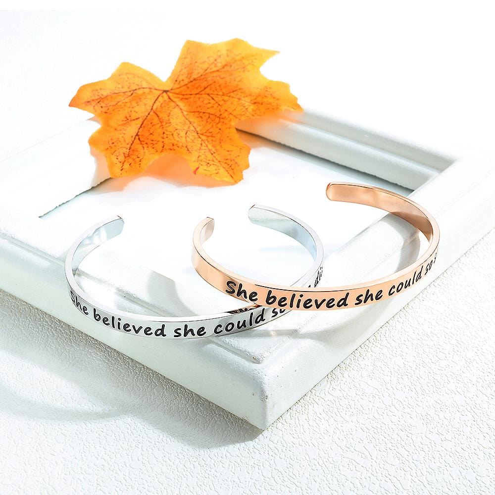 Inspirational Inscription Cuff Bangle in White Gold Layered Steel Jewellery - Brilliant Co