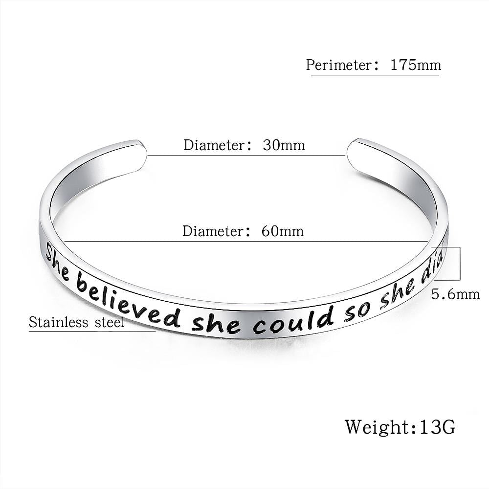 Inspirational Inscription Cuff Bangle in White Gold Layered Steel Jewellery - Brilliant Co