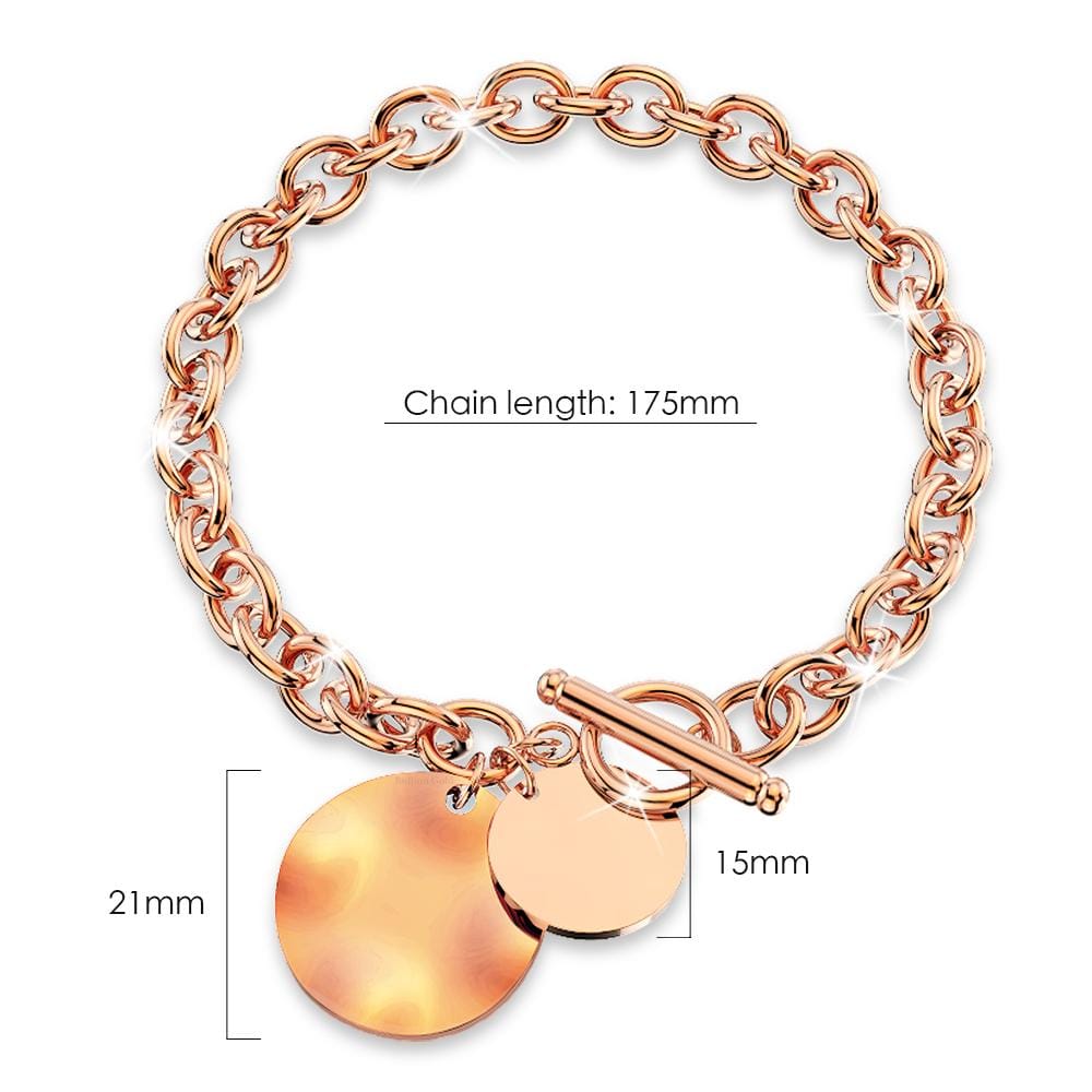 Hammered Disc Charm Belcher T-Bar Toggle Bracelet in Rose Gold Layered Steel Jewellery