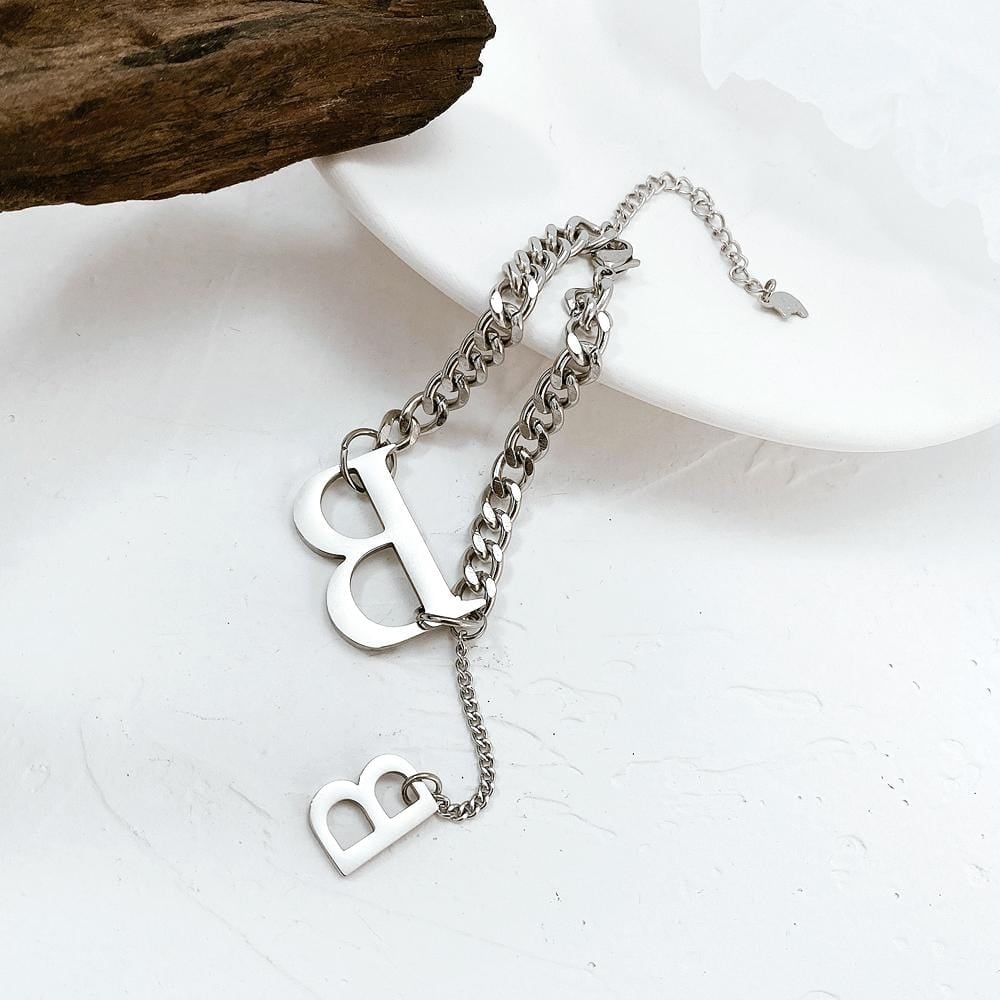 Duo Alphabet Letter B Initial Charm Bracelet in White Gold