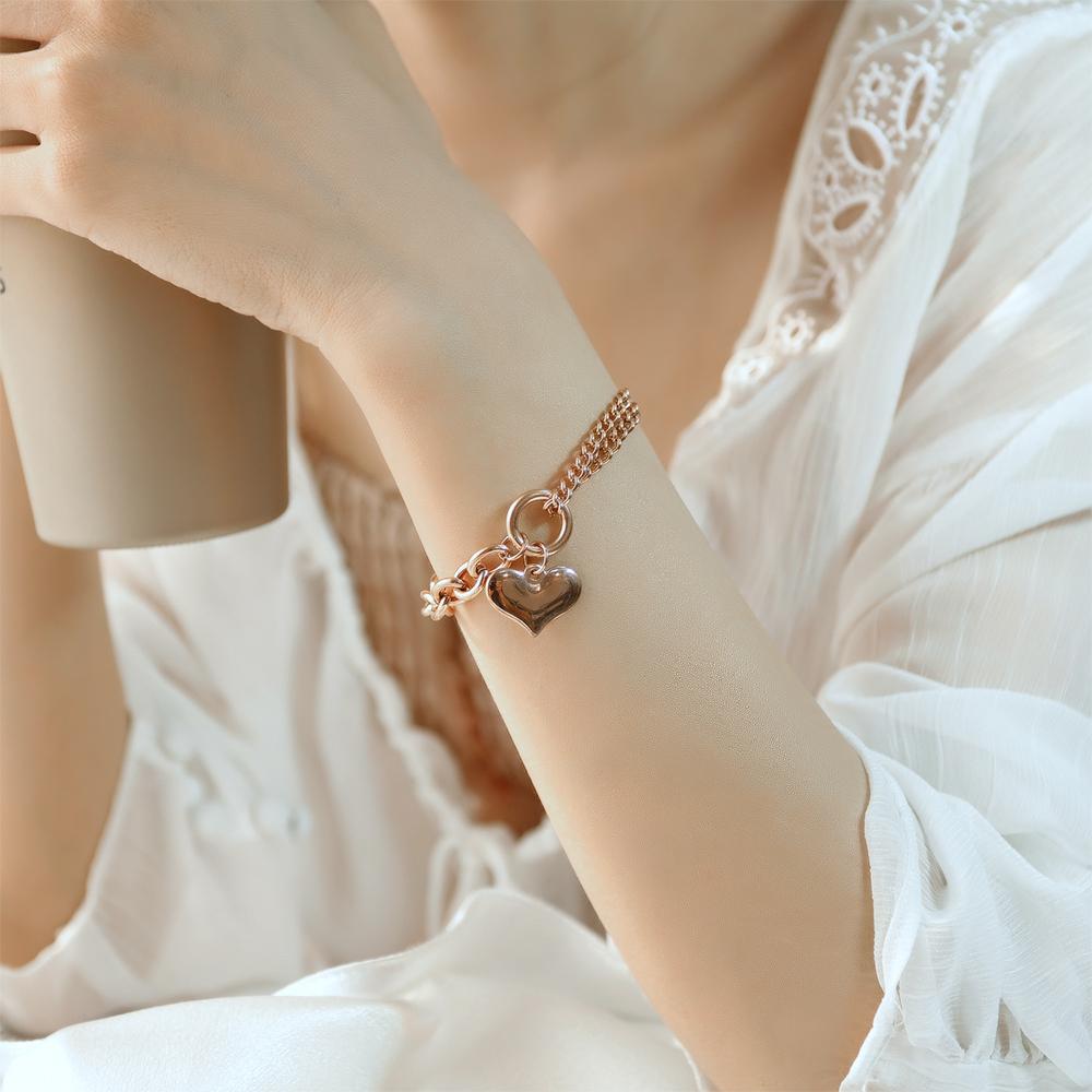 Lovely Heart Charm Dual Link Bracelet in Rose Gold
