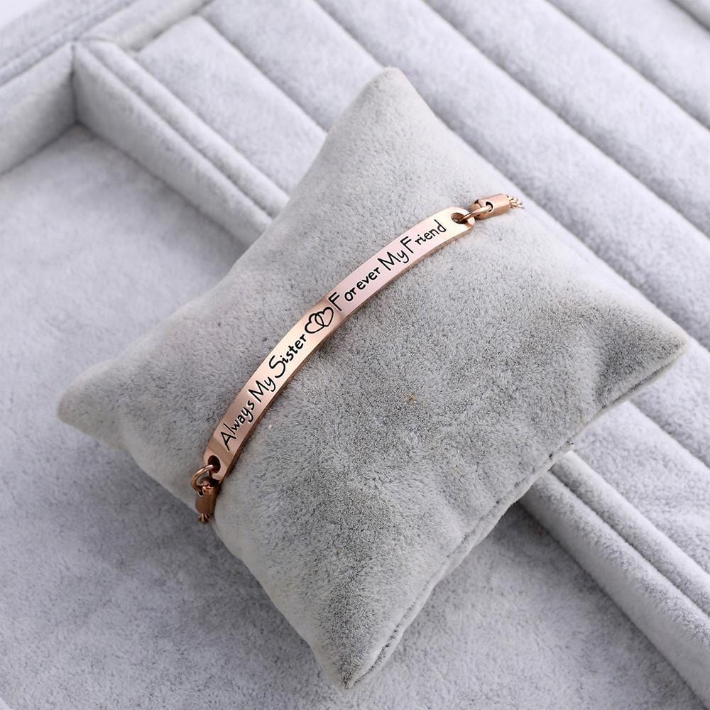 Sisters Forever Inscriptions Rose Gold Bar Bracelet