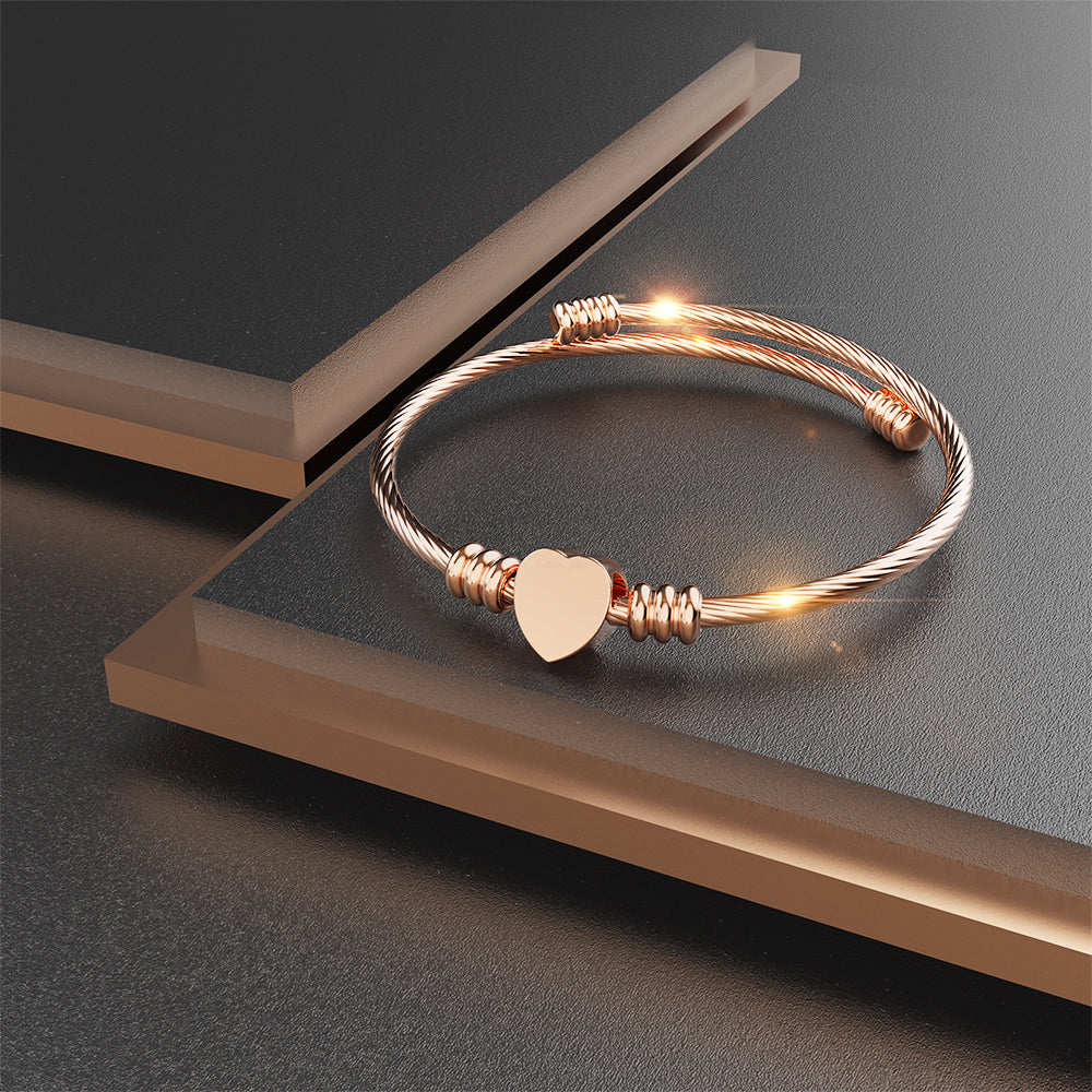 Heart Motif Charmed Stretched Spiral Coil Bangle Rose Gold Layered