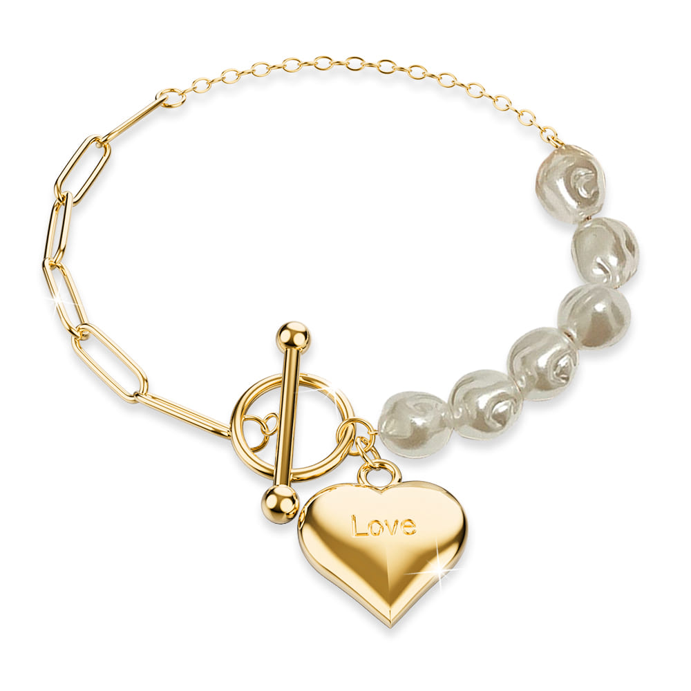 Pearl Paper Clip Chain Heart Gold Layered Stainless Steel Bracelet